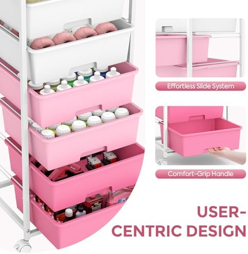 6 Drawer Rolling Storage Cart with Wooden Top and Wheels for Crafts, Pink
