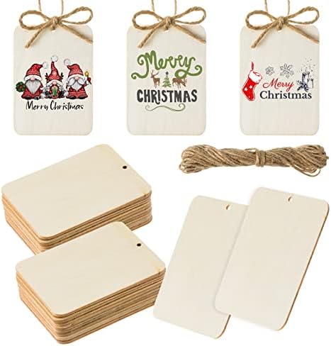 60 Pcs Wooden Tags 2.5 x 3.5 Inch Unfinished Wood Pieces Rectangle Square Wooden Cutouts with Holes Wood Ornaments with 32.8ft Rope for Holiday Gift Tags DIY Craft Hanging Decorations Painting