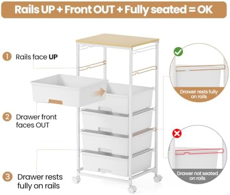 6 Drawer Rolling Storage Cart with Wooden Top and Wheels for Crafts,White