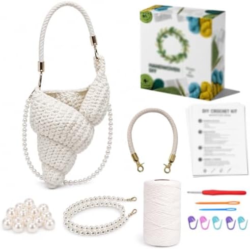 FACE N FACE DIY Crochet Conch Shell Crossbody Bag Kit for Beginners – Handmade Yarn Purse Making Set with Flat Rope, PU Leather Handle, Pearl Chain Strap & Instructions