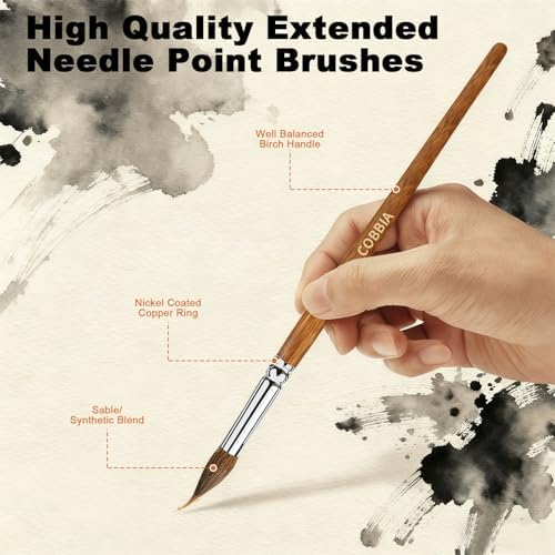 Watercolor Brushes Set of 6 - Extra Long Needle Point Detail Brushes for Fine Line Work, Featuring a Two-Layer Sable/Kolinsky Synthetic Blend for Continuous Painting & Broad Washes. Ideal for Artists.