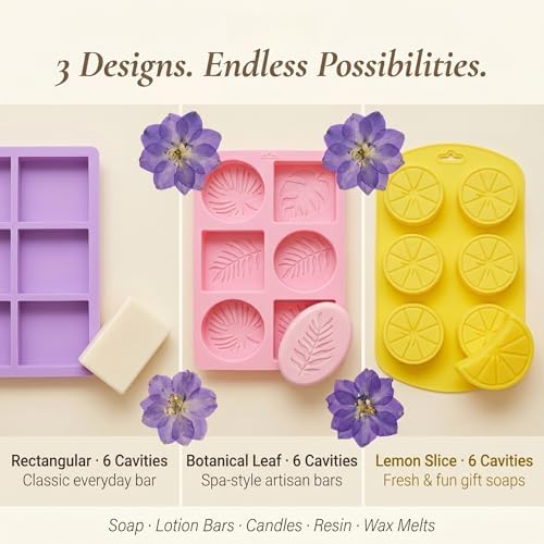 GLYNORKS Silicone Soap Molds for Soap Making, 20pcs Soap Molds Kit with Rectangle, Lemon & Leaf Designs, 10 Gift Bags, 6 Cards & 30 Dried Flowers, DIY Soap Making Supplies Kit for Adults
