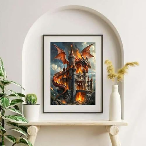 OJTOYART Dragon Castle 5D Diamond Painting Kits for Adults DIY Full RoundDiamond Art Craft Kit Beginners, Medieval Castle with Fire DragonWall Decor 12 X 16 Inch