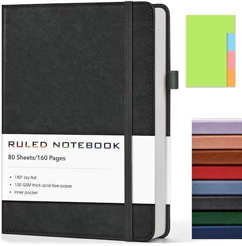Lined Journal Notebook, A5 Hardcover Leather Journals for Writing, 160 Numbered Pages, 5.7'' x 8.3'' Journaling Notebooks for Men Women, Thick Paper College Ruled Journal for Work Office School, Black