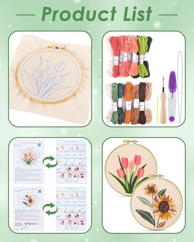 ERKOON Punch Needle Kit Adults Beginners, 2 Pcs DIY Easy Flower Embroidery Set for Starter Art Craft, Needling Punching Project with Patterns, Tools, Yarns, Hoop, Instruction (Sunflowers & Tulips)