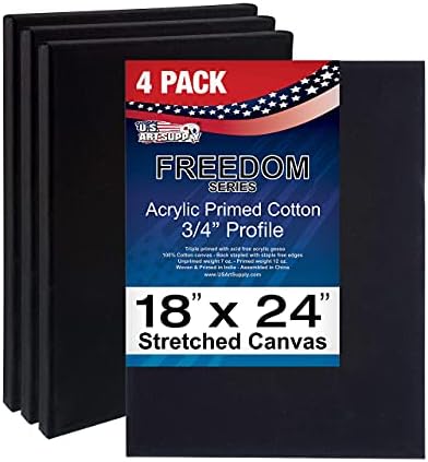 U.S. Art Supply 18"x24" Black Stretched Canvas for Painting, 3/4", 4-Pack