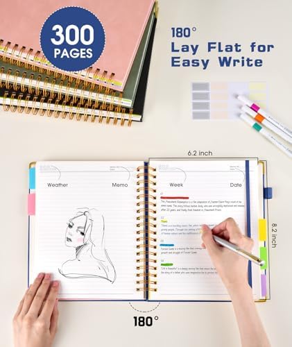 Hardcover Spiral Notebook journal with Removable Dividers Tabs, 300 Pages Leather 5 Subject Notebook College Ruled, 100GMS A5 Notebooks for Work School Note taking,Lined Journal for Women,A5 Navy