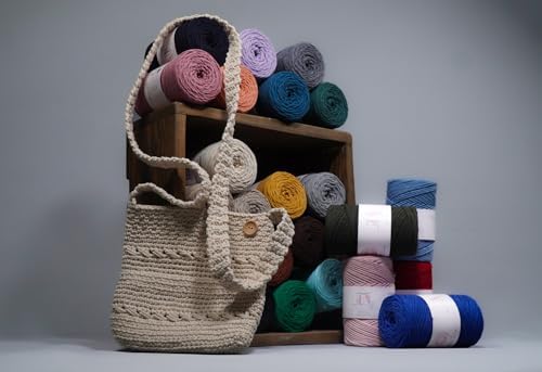 Makromecity, Cotton Macrame Cord 2mm x 195 Yards (590 feet) 2mm Recycled Cotton Crochet Yarn for Macrame Art & Crafts for Wall Hangings, Bags, Underplate, Rug (25 Colors Available) (Ecru)