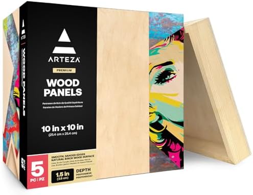 ARTEZA Wood Canvas Boards, 10 x 10 Inches, Pack of 5, Birch Wood, Wooden Panels for Acrylic and Oil Painting, Wood Burning, Crafting | 1.5 in Profile, Smooth 5 mm Surface, Sanded Edges, For Oil, Acrylic Pouring, Wood Burning, Encaustic Art and Mixed Media