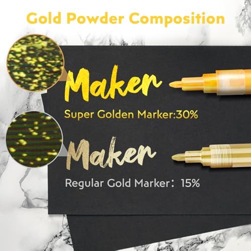 HOTU 5 Pack Super Gold Paint Markers - Metallic Gold Acrylic Paint Pens Glitter Extra Fine Tip 0.7mm for Black Paper,Wood, Rock Painting, Glass, Fabric