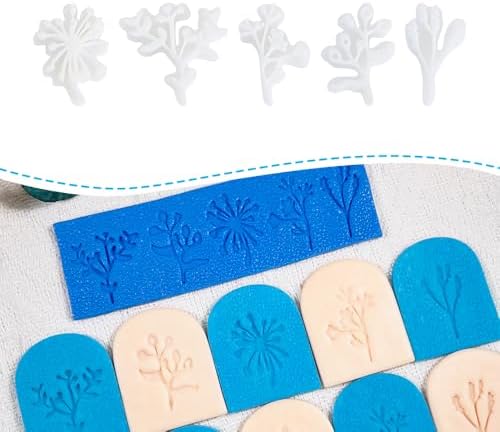 Xaekicr Polymer Clay Molds – 5PCS Botanical Texture Stamps with Flower & Leaf Patterns, Clay Cutters and Tools for Polymer Clay Jewelry and DIY Earring Crafts