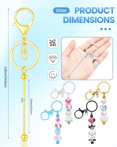 RQAYE 30pcs Beadable Keychains Keychain Bulk kit Cute Blank Bead Keychain Strip DIY Men's and Women's Making Supplies Crafts, Jewelry, Bag Accessories, Customized Project Gifts (Gold)