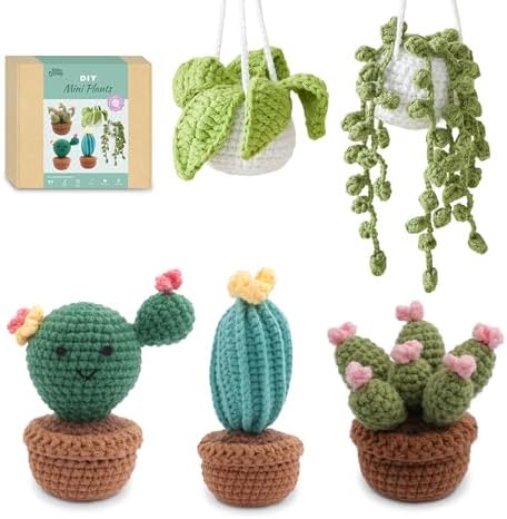 HOUSE CREATIVITY Crochet Kit for Beginners, Make 5 Hanging Potted Crochet Plants, Amigurumi Kit with Video Tutorial, Yarn, Hook & Pots, Cozy Stress Relief Gift for Adults, Cute Desk & Office Decor