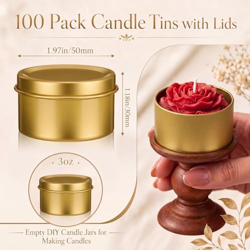 Suclain 100 Pack Candle Tins with Lids Empty Metal Containers,Gold