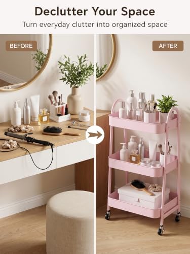 Booklov Rolling Makeup Cart Organizer, 3 Tier Utility Storage Cart, Pink