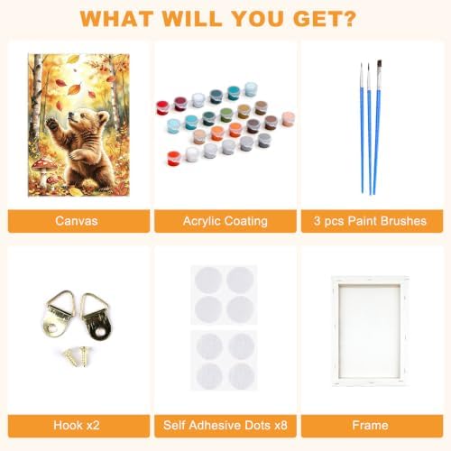SENQAO Bear Paint by Numbers Kit for Adults Beginner, Fall Forest Adult Paint by Number Kits on Canvas, DIY Acrylic Oil Easy Painting by Numbers for Home Wall Decor 8X12 inch