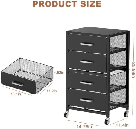 4-Drawers Metal Rolling Cart, Utility Storage Cart with Wheels