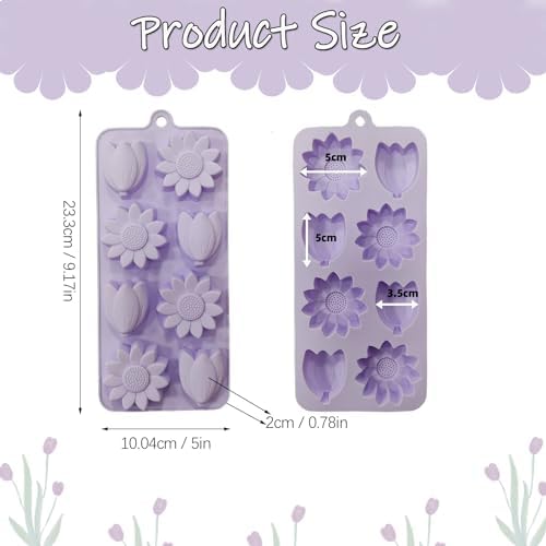 Flower Ice Cube Molds Silicone 2Pcs Sun Flower Chocolate Candy Molds for Baking Tulip Shape Jello Molds Pudding Molds for Desserts Soap Making (Pack of 2)
