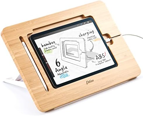ELETIUO Upgraded Bamboo Wooden Drawing Ipad Holder with Pencil&Charger Cable Slot, Multi-Angle Adjustable Tablet Desktop,Foldable Portable Stand,Compatible with 12.9 inch ipad pro 3rd/4th/ 5th Gen