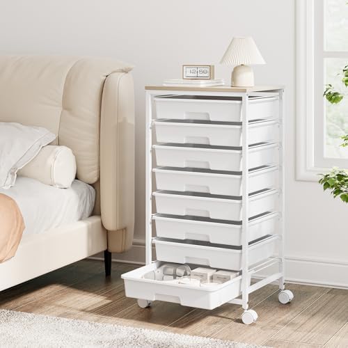 TOOLF Rolling Storage Cart with 8 Drawers,White | Utility Cart on Wheels with Wooden Tabletop,Teacher Organization for Classroom, Art Cart for Office,Bedroom,Craft Room