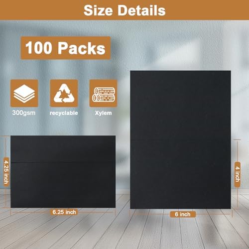 Silunkia 100 Packs Blank Black Note Cards and Envelopes 4 x 6