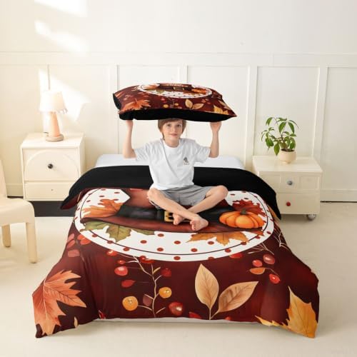 Erosebridal Thanksgiving Hat Duvet Cover Toddler Size Watercolor Fall Maple Bedding Set for Kids Boys Girls Autumn Pumpkin Comforter Cover Rustic Harvest Bedclothes Room Decor