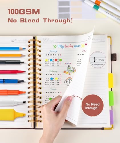 Hardcover Spiral Notebook Journal with Removable Dividers Tabs, 300 Pages Leather 5 Subject Notebook College Ruled, 8"x10" Large B5 Notebooks for Work School Note taking, Lined Journal for Women,Brown