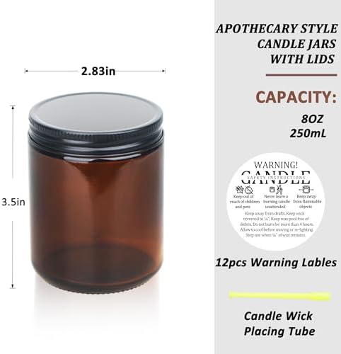 MILIVIXAY 12 Pack 8 OZ Thick Glass Dark Amber Candle Jars with All Black Metal Lids-Bulk Empty Candle Jars for Making Candles-Canning Jar for Spice, Liquid, Sample- Dishwasher Safe.