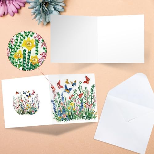 Tontut 6pcs Diamond Art Painting Kit Greeting Card, Green Flower Butterfly 5D DIY Diamond Handmade Holiday Greeting Card with Envelope, Holiday Gift Congratulations