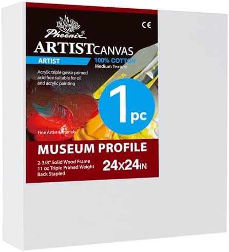 PHOENIX 24x24 Inch Museum Canvas - 2 3/8 Inch Thick Porfile Deep Large Stretched Canvas for Painting 1 Pack 100% Cotton 11 Oz. Gesso Primed White Blank Professional Canvas Oil & Acrylic Paints