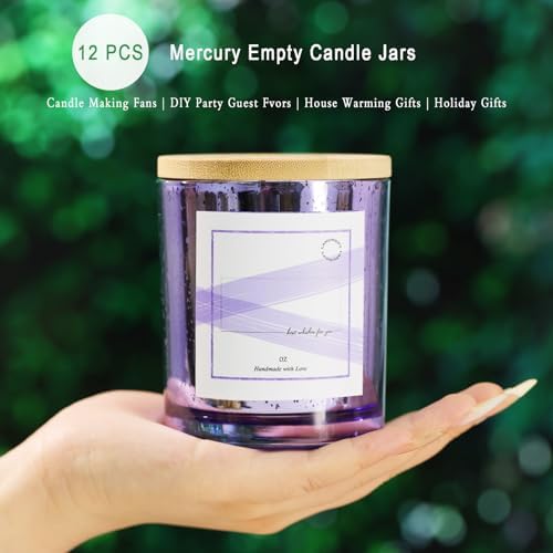 LAMORGIFT 12 Pack Glass Jars with Lids (10oz, Purple) - Making Containers for Candles - Mercury Glass Jars Include 15 Pcs Labels