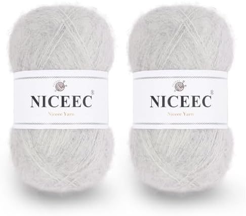 NICEEC 2 Skeins Long Pile Mohair Yarn 2.82oz/788yds - Light Gray