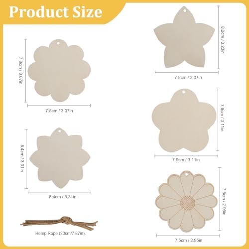 Flower 30pc 5Types Unfinished Wooden Gift Ornaments DIY Craft Birthday Present - Paintable Blank Natural Flower Cutouts Hanging Wood Slices for Kids Art Crafts DIY Gift Party Supplies