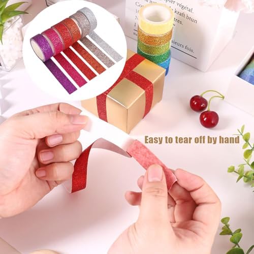 12 Rolls Glitter Washi Tape Set Christmas Washi Masking Tape Decorative Adhesive Tape for Scrapbooking DIY Crafts Crafters Embellished Journals Planners Cards Gift Wrapping Ribbons Wedding (A)