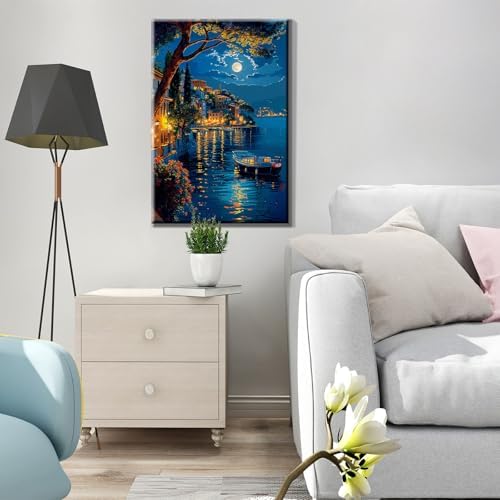 JOOZ Paint by Numbers Kit for Adults with Frame, Moon Paint by Number with Easel, DIY Town Lake Boat Paint by Numbers Landscape for Home Wall Decor 8 x 12 Inch