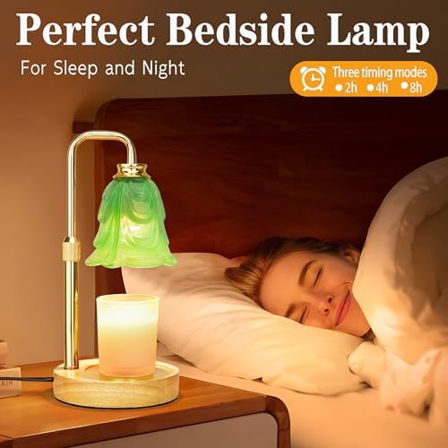 XJZJY Green Flower Candle Warmer Lamp with Timer, Birthday Gifts for Women | Dimmable wax melt warmer with 2 bulbs for jar candles, height adjustable, Green tulip design, home decor, housewarming gifts