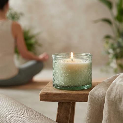 10 oz Green Mandala Glass Candle Jars with Bamboo Lids, 9 Pack