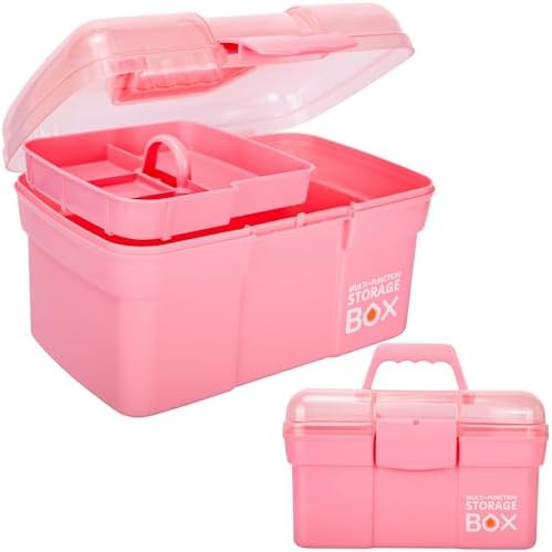 TERGOO 11in Mutipurpose Storage Box Organizer with Removable Tray, Portable Small Craft Organizer with Handle, Plastic Clear Tool Box Art Case for Makeup, Sewing, Nail, Hair Accessories (Pink)