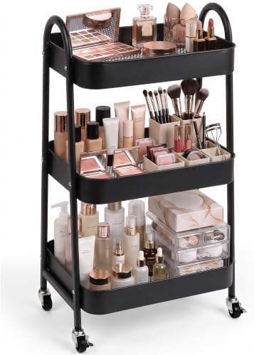 Booklov Rolling Makeup Cart Organizer, 3 Tier Utility Storage Cart, Black