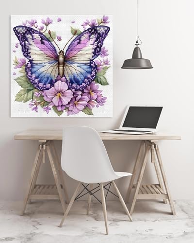 askkqtx Butterfly Stamped Cross Stitch Kits for Adults 14x14 Inch
