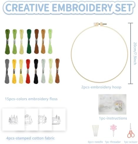 FREEBLOSS 4 Sets Embroidery Kit for Beginners Needlepoint Embroidery Starter Kit with Camping Stamped Patterns, Instructions, Colored Threads, 2 Hoops 20cm/7.9inch