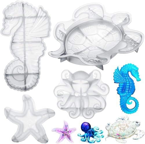 Qinyoung 4 Pcs Ocean Theme Resin Molds 3D Silicone Epoxy Resin | Seahorse Shells Starfish Octopus Molds Epoxy Casting for Art Crafts, Wall Decor, Beach Themed Projects, Summer Holiday Gifts