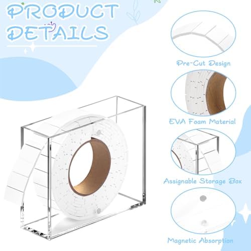 Double Sided Foam Tape Squares 0.75 X 0.5 Pre Cut Foam Adhesive Squares Roll with Acrylic Storage Box 3D Foam Tape for Crafts Arts Sewing DIY Office Supplies (Tape+Box, White)
