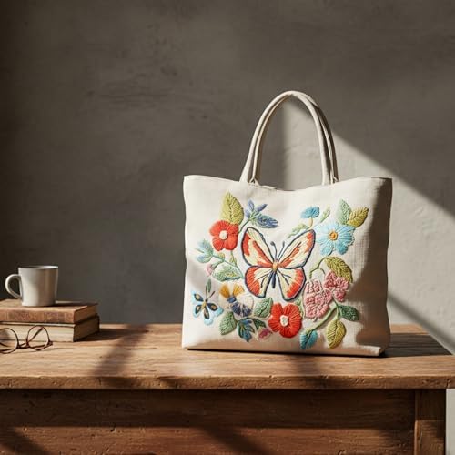 ARTopet Embroidery Tote Bag Kit for Beginners Butterfly Canvas Cross Stitch Handbag with Hoops Needles Threads Reusable Grocery Bag for Women-Butterfly02