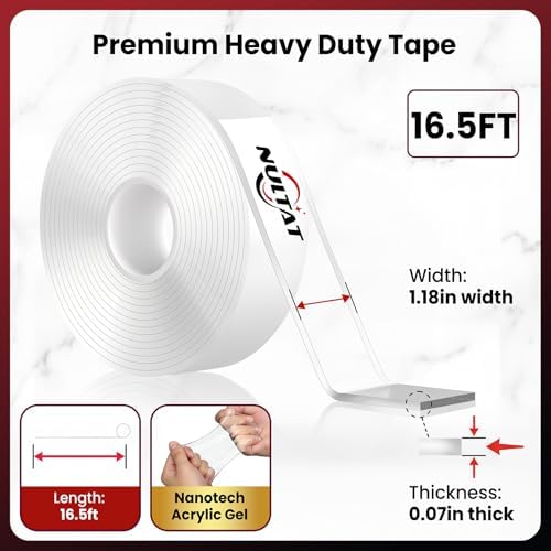 NULTAT Double Sided Tape Heavy Duty, Nano Reusable, Removable, Washable Double Stick Tape for Wall, Multipurpose Clear Adhesive Tape 1.18" x 120" (16.5 Feet)