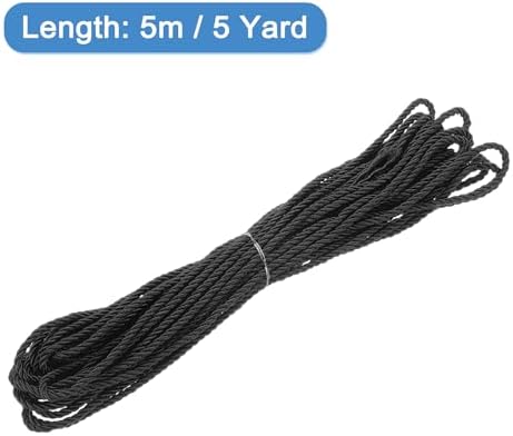 MECCANIXITY Twisted Cord Trim, 5 Yard 3mm 3-Ply Twine Braided Rope Shiny Thread String for Craft Gift Bag Curtain Christmas Decor, Black - 5m