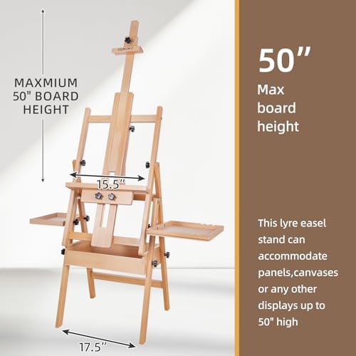 Horizontal Beechwood Studio Easel with Drawer and Palettes, Natural | H-Frame Solid Wooden Painting Easel for Students, Beginners, and Artists, Hold Canvas to 50Inches High