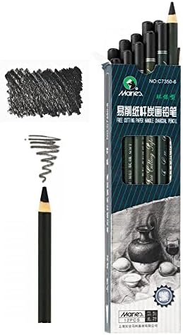 Marie's Artist Charcoal Pencil 12 Piece Set, Soft Black Paper Handle Charcoal Pencils for Drawing and Sketching