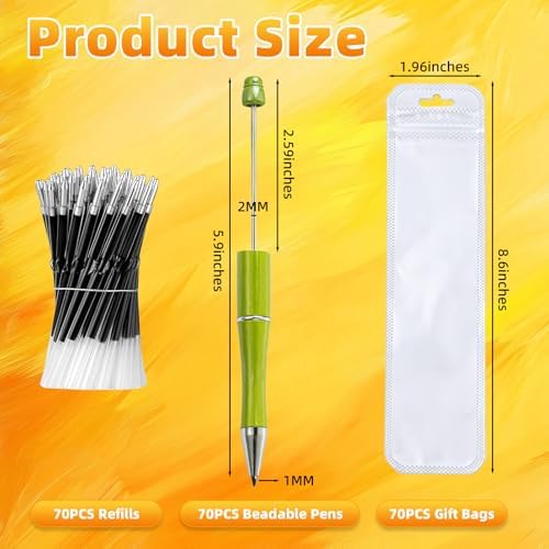 210 Pieces DIY Beadable Pen Bulk Kit – 70PCS Ballpoint Pen with Refills & Bags – Perfect for Beads Pens Supplies, Beaded Pens for DIY Crafting – Office Supplies & Teacher Accessories (Grass Green)