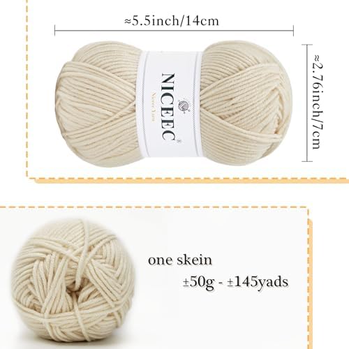 NICEEC 300g Soft Assorted Colors Yarn 100% Acrylic 870yds -Cream White